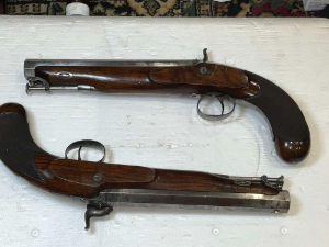 Officers personal purchase, man stopper bore 17 mm, length 36 cm height 16 cm depth 5 cm, nice chequered grip beautiful engraving to locks and triggers both fitted with safety's and both in excellent working order, maker h tatham charring cross london, reference bbcd2   tel: +44 7505 165 843 we accept online payments for all our items listed: bank transfer cash on collection or if wishing over the phone using your debit or credit cards, also doing layby payments plan, or email giving your address details & contact number and we shall send you your items invoice to make payment with your card. Send your request to - john.strong2@gmail.com