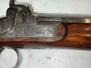 Officers personal purchase, man stopper bore 17 mm, length 36 cm height 16 cm depth 5 cm, nice chequered grip beautiful engraving to locks and triggers both fitted with safety's and both in excellent working order, maker h tatham charring cross london, reference bbcd2   tel: +44 7505 165 843 we accept online payments for all our items listed: bank transfer cash on collection or if wishing over the phone using your debit or credit cards, also doing layby payments plan, or email giving your address details & contact number and we shall send you your items invoice to make payment with your card. Send your request to - john.strong2@gmail.com