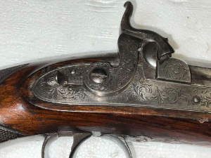 Officers personal purchase, man stopper bore 17 mm, length 36 cm height 16 cm depth 5 cm, nice chequered grip beautiful engraving to locks and triggers both fitted with safety's and both in excellent working order, maker h tatham charring cross london, reference bbcd2   tel: +44 7505 165 843 we accept online payments for all our items listed: bank transfer cash on collection or if wishing over the phone using your debit or credit cards, also doing layby payments plan, or email giving your address details & contact number and we shall send you your items invoice to make payment with your card. Send your request to - john.strong2@gmail.com