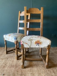 PAIR Of Crewelwork Embroidery Upholstered Antique Oak Kitchen Dining Chairs VGC