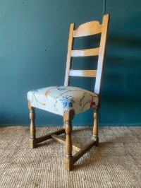 PAIR Of Crewelwork Embroidery Upholstered Antique Oak Kitchen Dining Chairs VGC