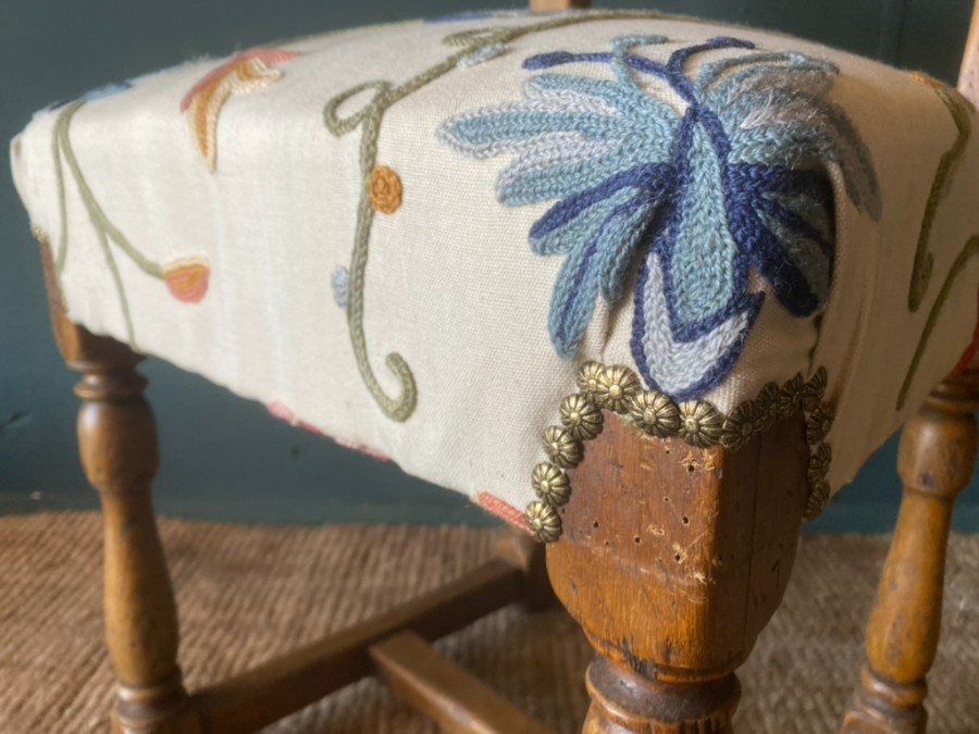 PAIR Of Crewelwork Embroidery Upholstered Antique Oak Kitchen Dining Chairs VGC