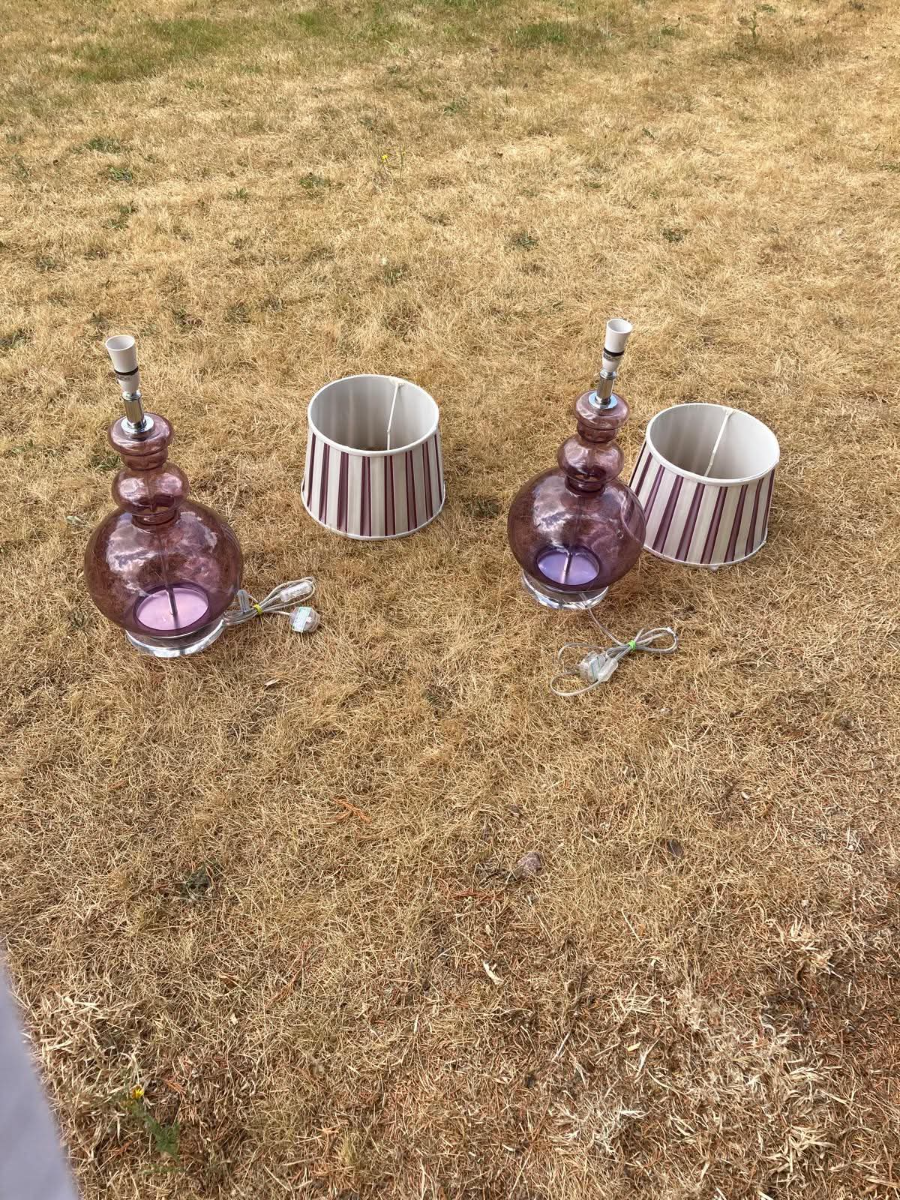 Pair Of Brown Glass Table Lamps With Designer Striped Shades