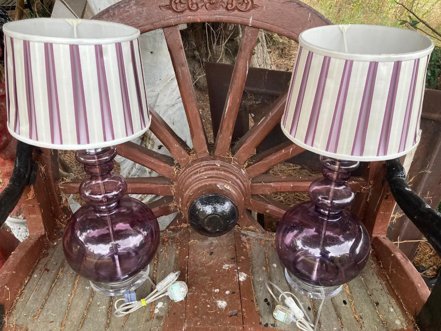 Pair Of Brown Glass Table Lamps With Designer Striped Shades