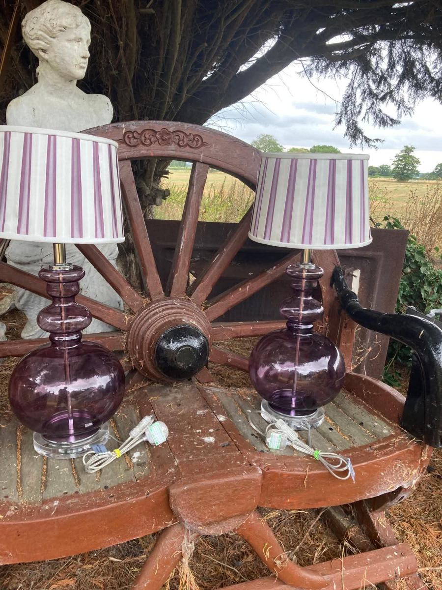 Pair Of Brown Glass Table Lamps With Designer Striped Shades