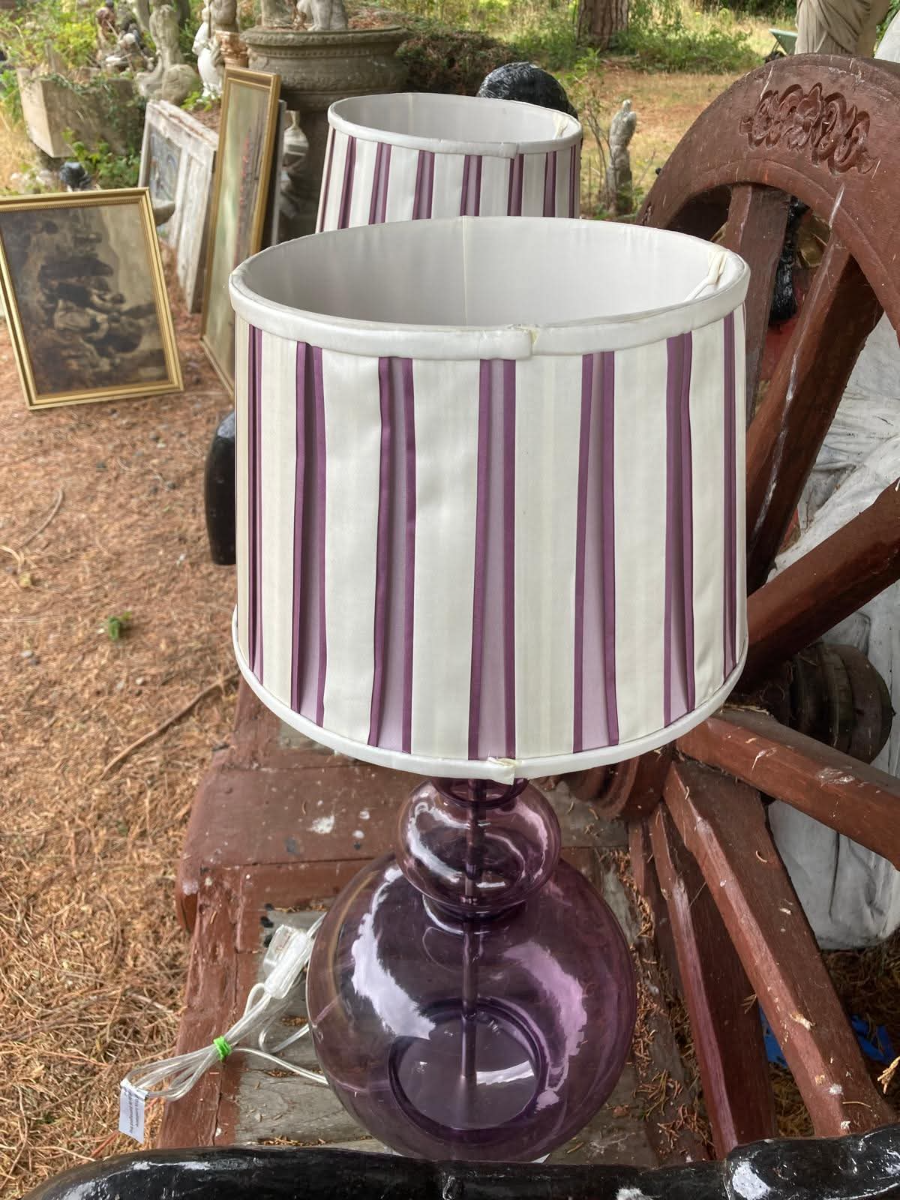 Pair Of Brown Glass Table Lamps With Designer Striped Shades