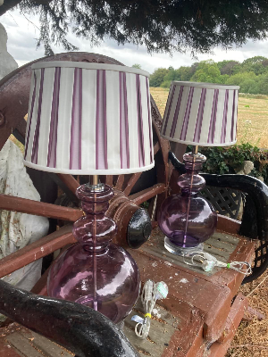Pair Of Brown Glass Table Lamps With Designer Striped Shades