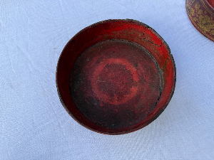 A lovely pair of Regency red paper mache bottle coasters. Circa 1810. As seen condition. Sealed bottle not included.