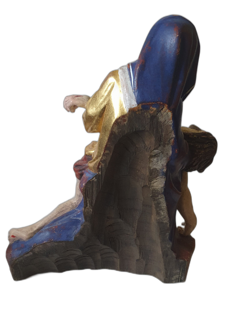 Browse our collection of c.1840 German-carved, Continental Pieta wooden statues with gilding and polychrome decorations. Truly charming antique pieces! Shop now.