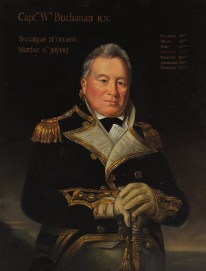 20th Century school, portrait study 'Captain William Buchanan RN' believed served Trafalgar 21st October 1805, Mardoe 6th July 1812, with list of vessels served on, unsigned oil on canvas. Size 65cm x 50cm.