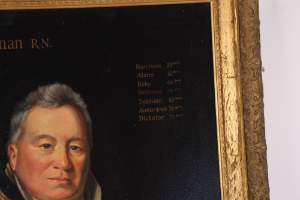 20th Century school, portrait study 'Captain William Buchanan RN' believed served Trafalgar 21st October 1805, Mardoe 6th July 1812, with list of vessels served on, unsigned oil on canvas. Size 65cm x 50cm.