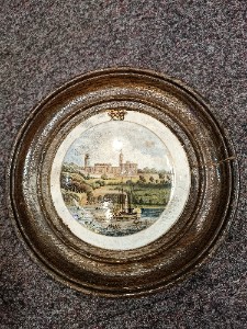 Discover our exquisite selection of 19th century Prattware pot lids, featuring an Osborne house scene with a charming wooden frame. Despite slight wear and tear, its unique 19 cm diameter size sets it apart. Shop now!