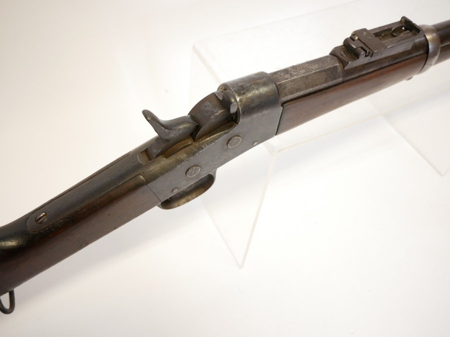 Discover our Remington .43 Spanish rolling block single shot carbine. No license needed for this Section 58 (2) antique. Browse now for this unique piece of history.