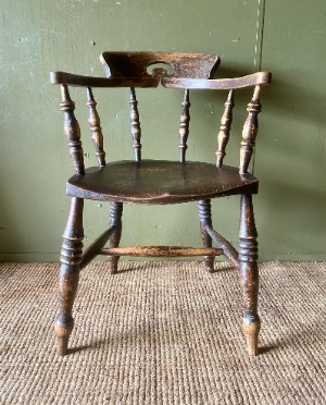 Rustic 19TH C. VICTORIAN Antique Elm Smokers Captains Elbow Chair Very Sturdy