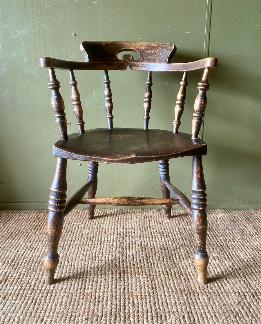 Rustic 19TH C. VICTORIAN Antique Elm Smokers Captains Elbow Chair Very Sturdy