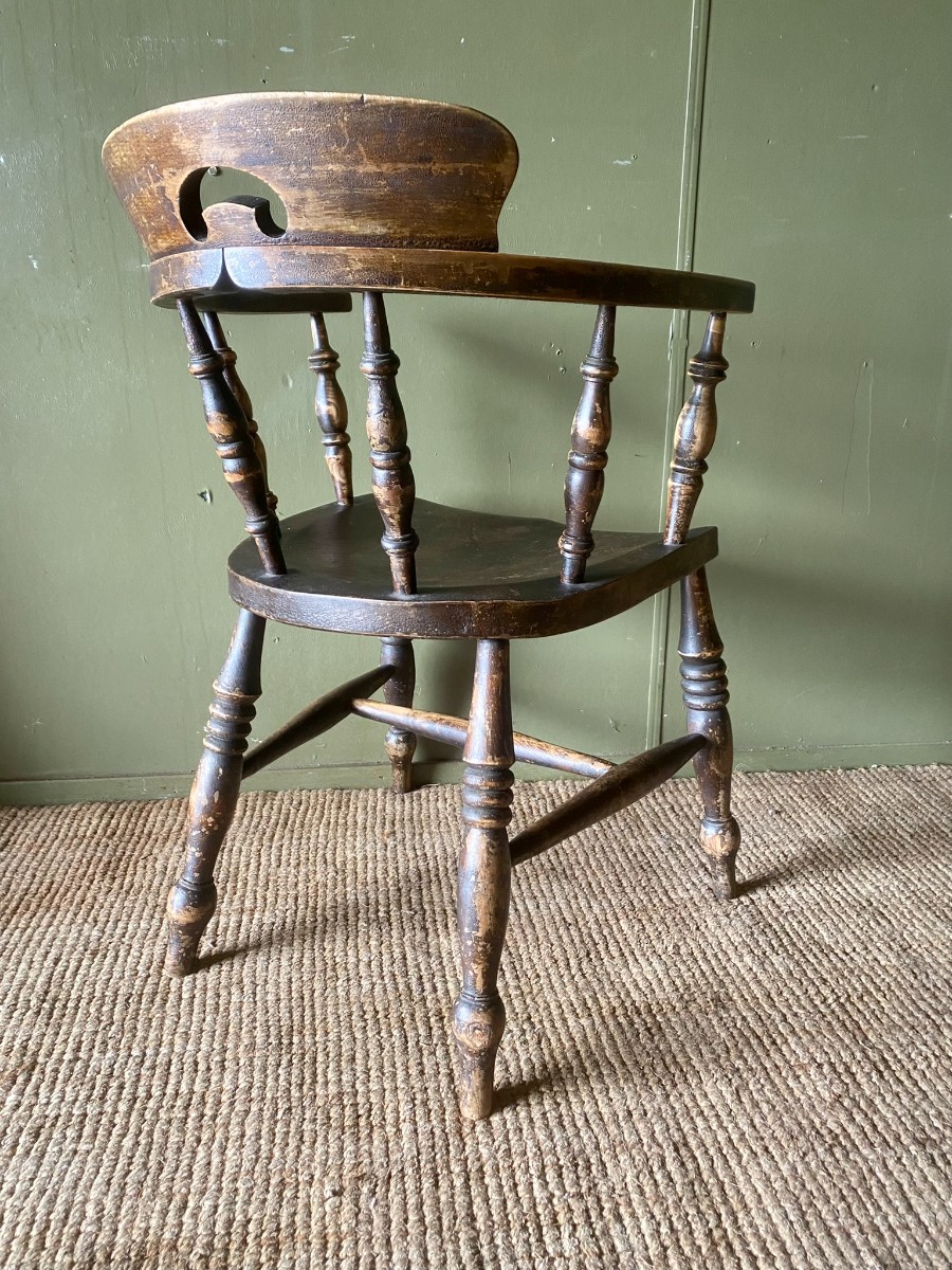 Rustic 19TH C. VICTORIAN Antique Elm Smokers Captains Elbow Chair Very Sturdy