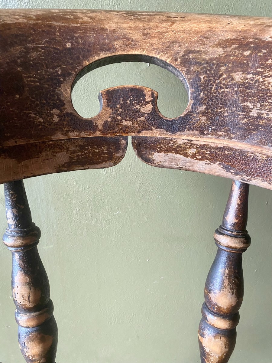 Rustic 19TH C. VICTORIAN Antique Elm Smokers Captains Elbow Chair Very Sturdy