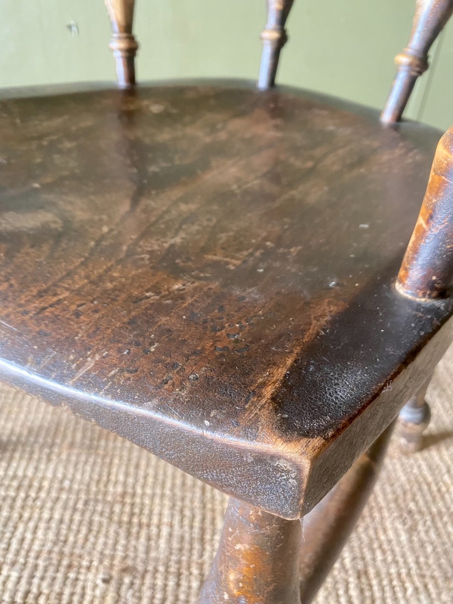 Rustic 19TH C. VICTORIAN Antique Elm Smokers Captains Elbow Chair Very Sturdy