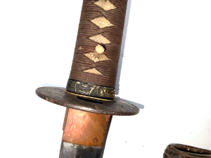Blade signed out of polish cutting edges quite good. When polished and cleaned this sword will be excellent, leather sheaf over the swords original lacquered saya, Iron thsuba quality menukies alround a very good investment, length from tip to tip 97cm width across guards 78mm depth being 8cm, reference number one.   Tel: +44 7505 165 843 We accept online payments for all our items listed: Bank transfer cash on collection or if wishing over the phone using your debit or credit cards, also doing layby payments plan, or email giving your address details & contact number and we shall send you your items invoice to make payment with your card. Send your request to - john.strong2@gmail.com