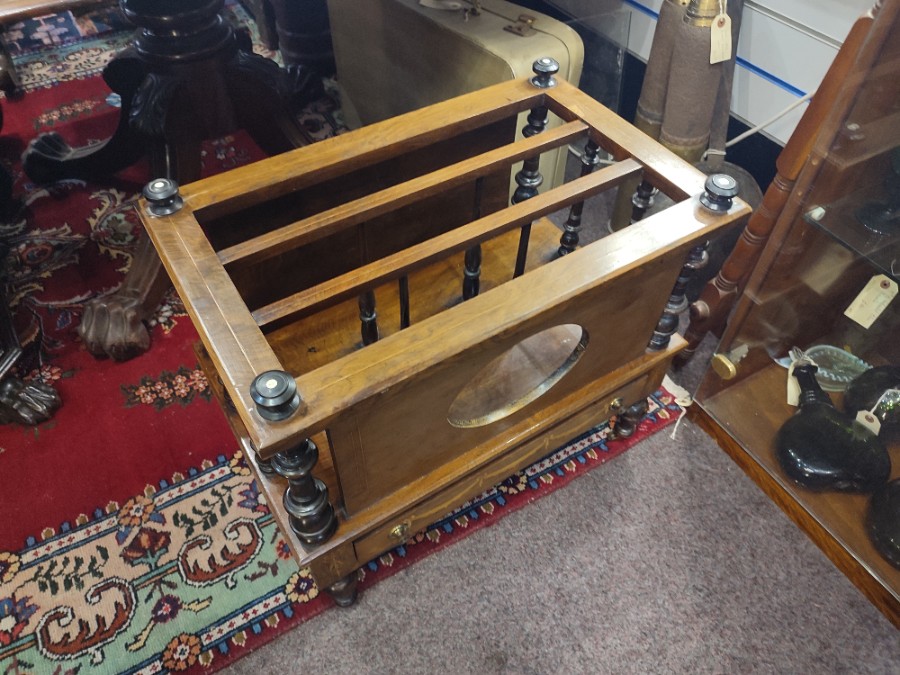 Explore our selection of Victorian rosewood and satinwood inlaid canterbury, with distinct ebonised finials and ivory centres. Shop now for timeless elegance.