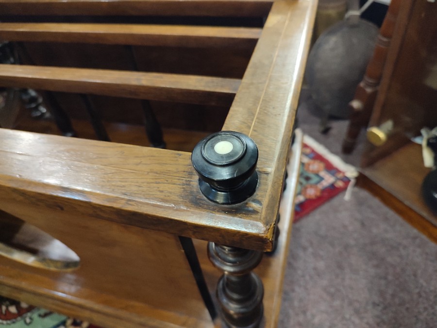 Explore our selection of Victorian rosewood and satinwood inlaid canterbury, with distinct ebonised finials and ivory centres. Shop now for timeless elegance.