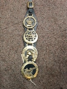 A vintage  4 horse Brasses on leather strap, probably late 19- early 20th century, been used from one equestrian family.  Size  46 cm long.