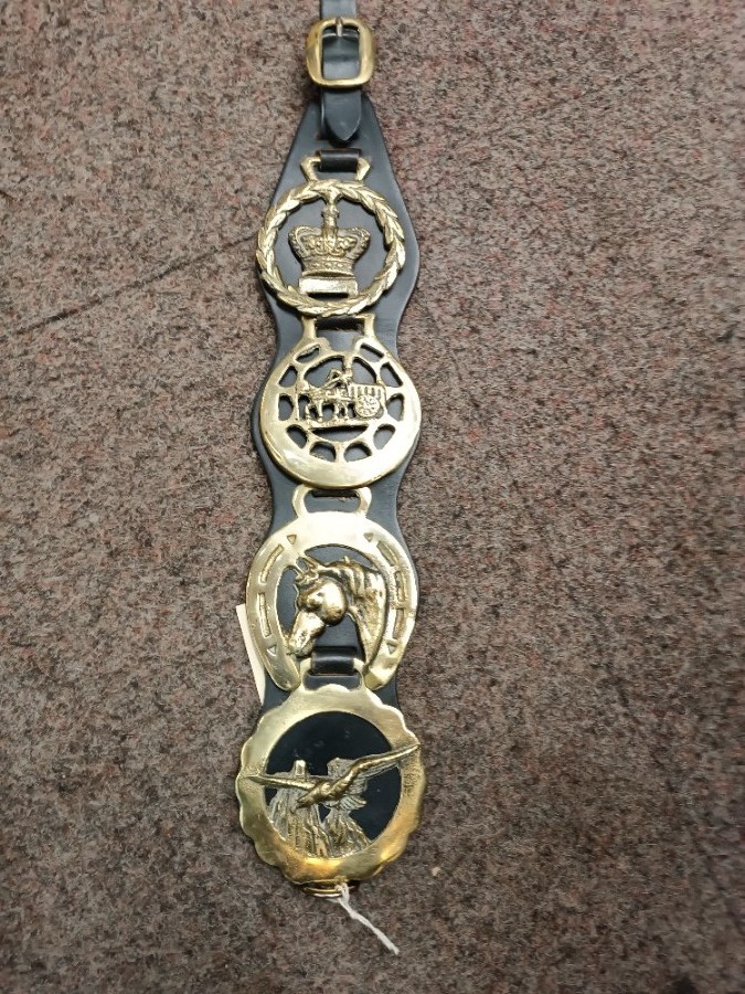 Vintage 4 Horse Brasses On Leather Strap