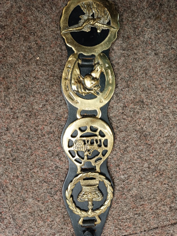 Vintage 4 Horse Brasses On Leather Strap