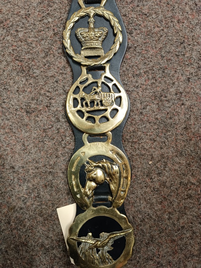 Vintage 4 Horse Brasses On Leather Strap
