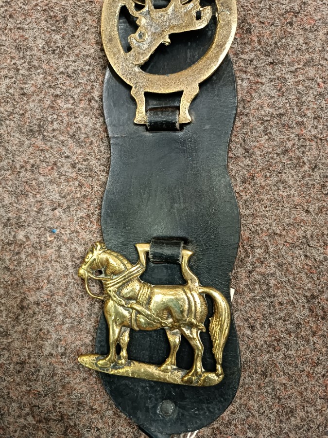 Vintage 4 Horse Brasses On Leather Strap