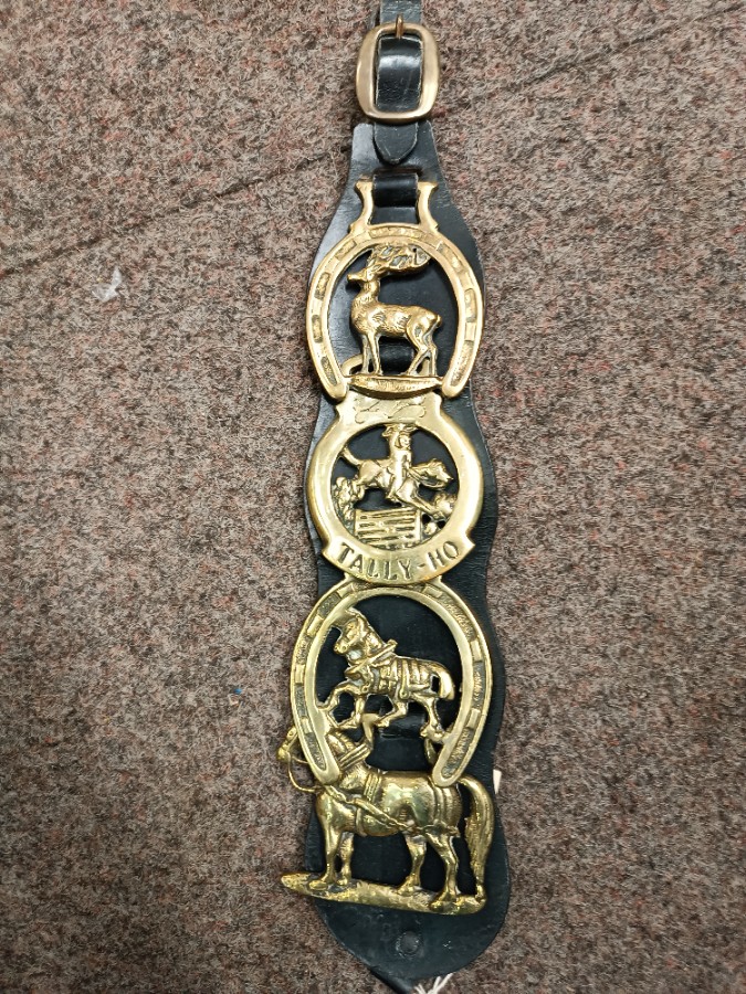 Vintage 4 Horse Brasses On Leather Strap