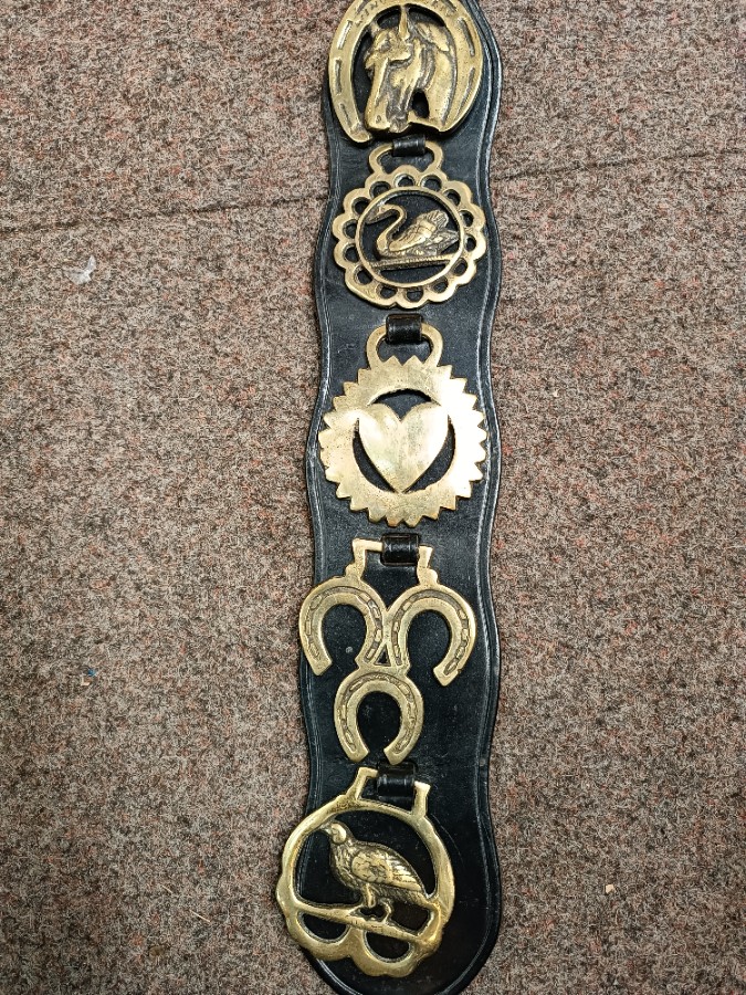 Vintage 5 Horse Brasses On The Leather Strap