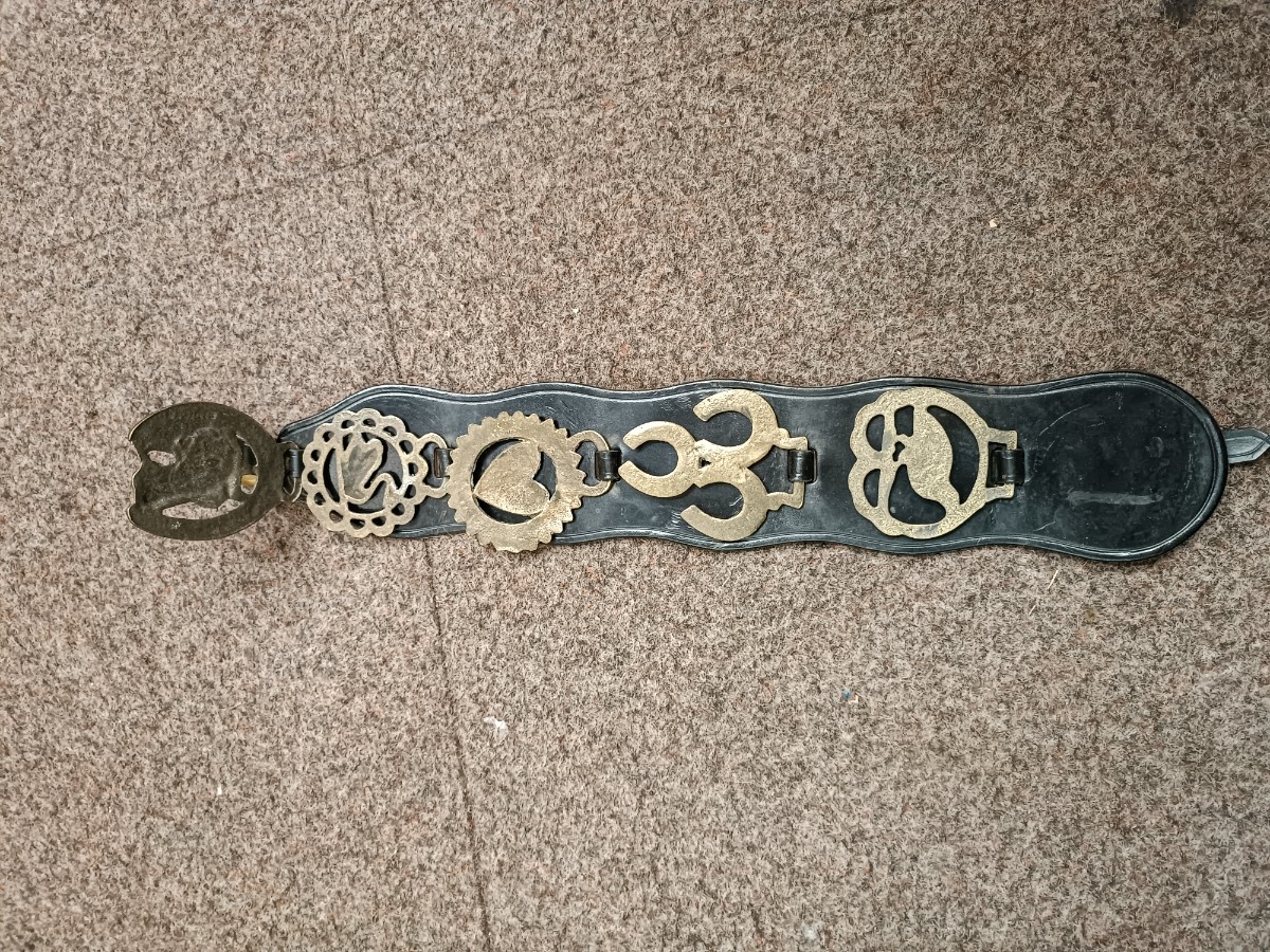 Vintage 5 Horse Brasses On The Leather Strap