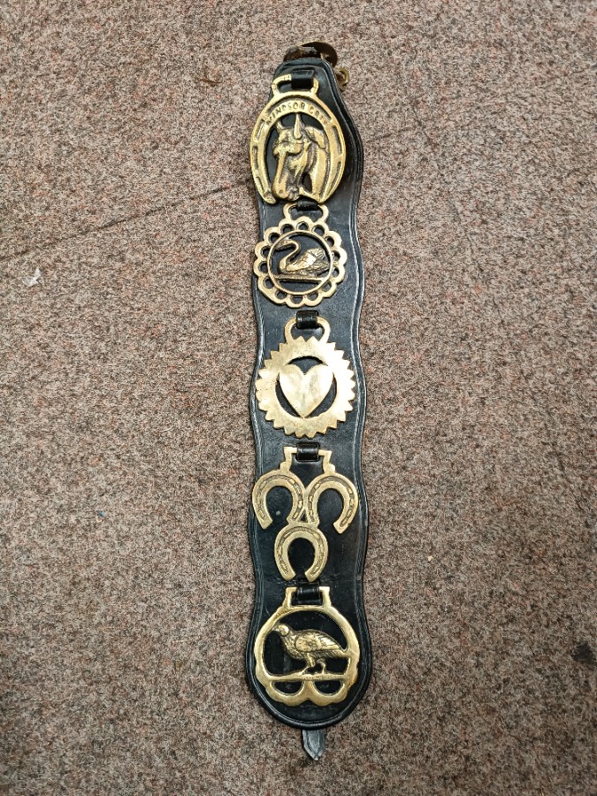 Vintage 5 Horse Brasses On The Leather Strap