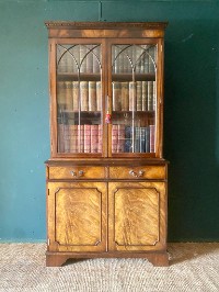 Vintage Antique Reproduction Astral Glazed Bookcase Cabinet With Locking Key VGC