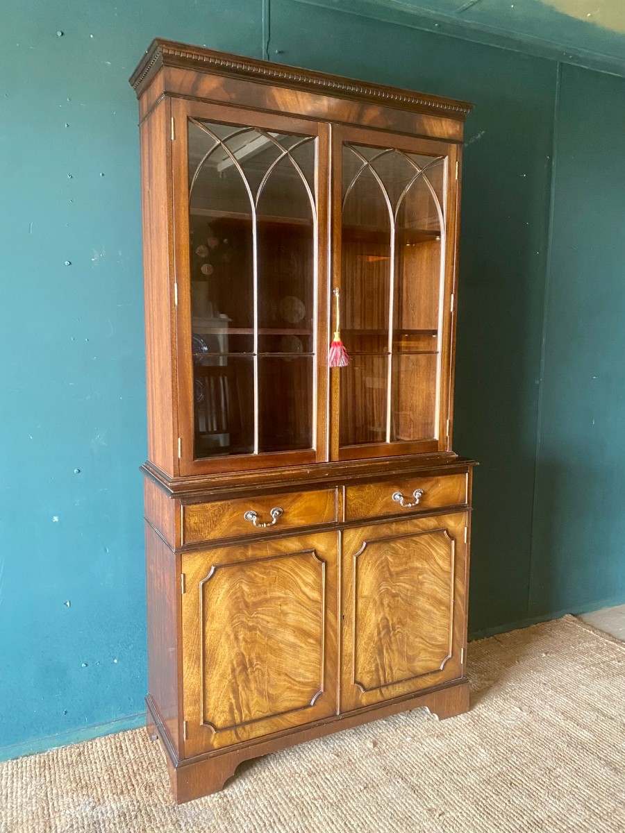 Vintage Antique Reproduction Astral Glazed Bookcase Cabinet With Locking Key VGC