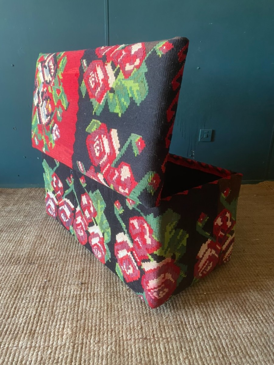 Vintage Tapestry Kilim Upholstered Ottoman Storage Chest Bench Handwoven Wool