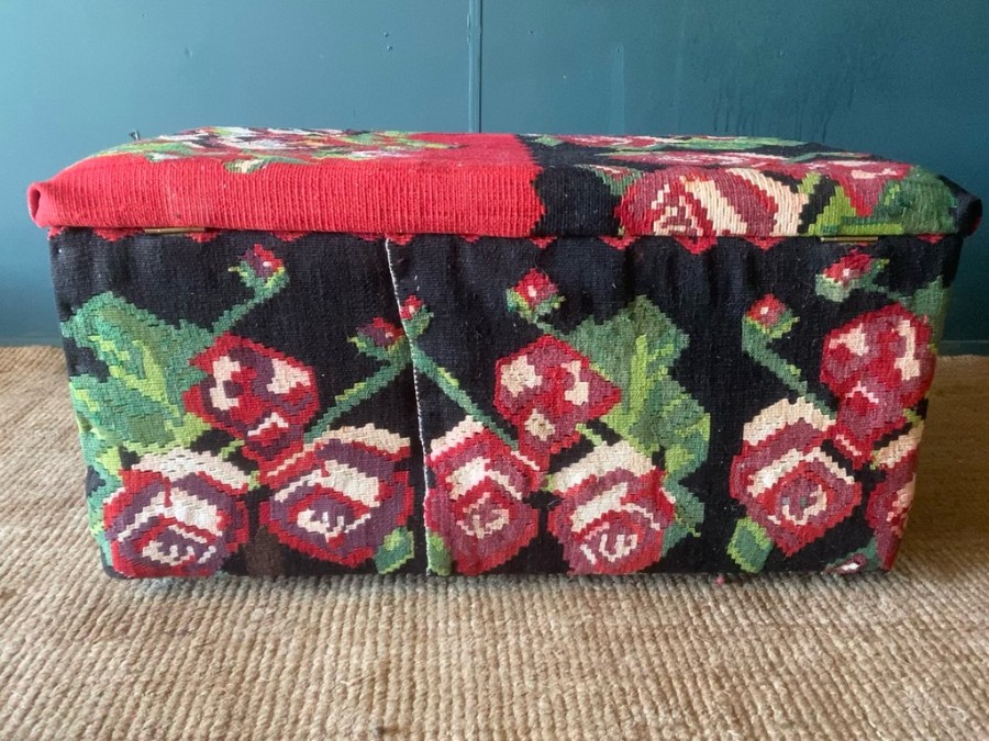 Vintage Tapestry Kilim Upholstered Ottoman Storage Chest Bench Handwoven Wool