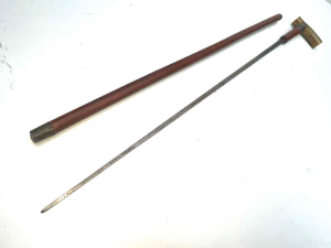 Super stick, Mallaca wood silver collared with hammer head horned handle, dated for 1899 overall conditions quite good too, length of 89cm tip to tip, across handle 11cm sticks diameter from tops 2.5cm tappering down to ferule 2cm and from the double edged blades tip to the top of the handles 84cm reference KT6   Tel: +44 7505 165 843 We accept online payments for all our items listed: Bank transfer cash on collection or if wishing over the phone using your debit or credit cards, also doing layby payments plan, or email giving your address details & contact number and we shall send you your items invoice to make payment with your card. Send your request to - john.strong2@gmail.com