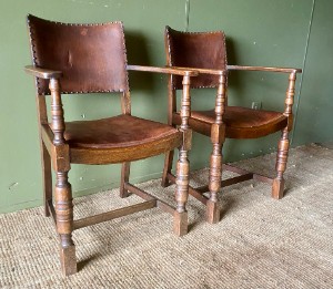 c.1910 Pair of Vintage Antique Leather and Oak Hall Elbow Chairs Desk Armchairs
