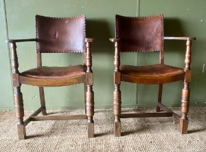 c.1910 Pair of Vintage Antique Leather and Oak Hall Elbow Chairs Desk Armchairs