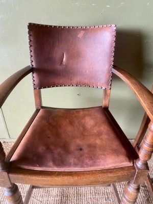 c.1910 Pair of Vintage Antique Leather and Oak Hall Elbow Chairs Desk Armchairs