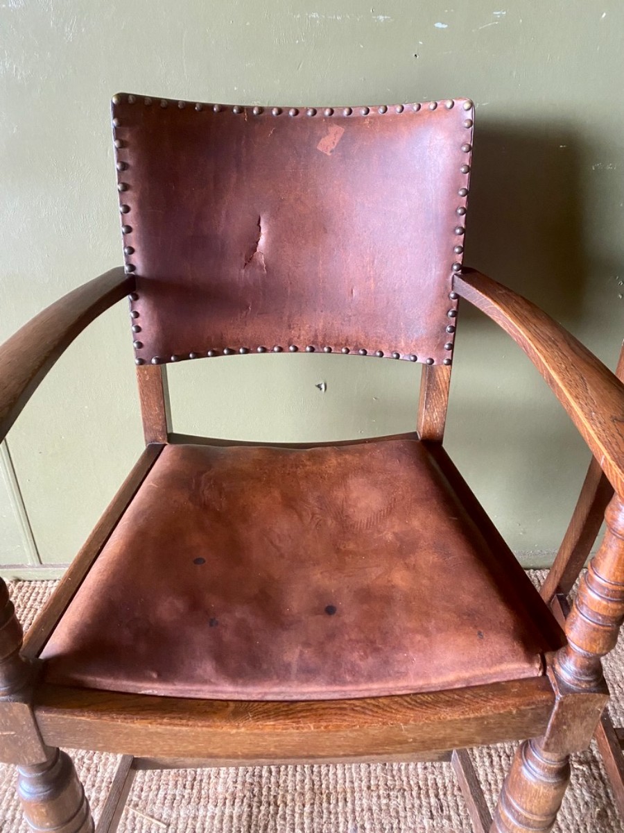 c.1910 Pair of Vintage Antique Leather and Oak Hall Elbow Chairs Desk Armchairs