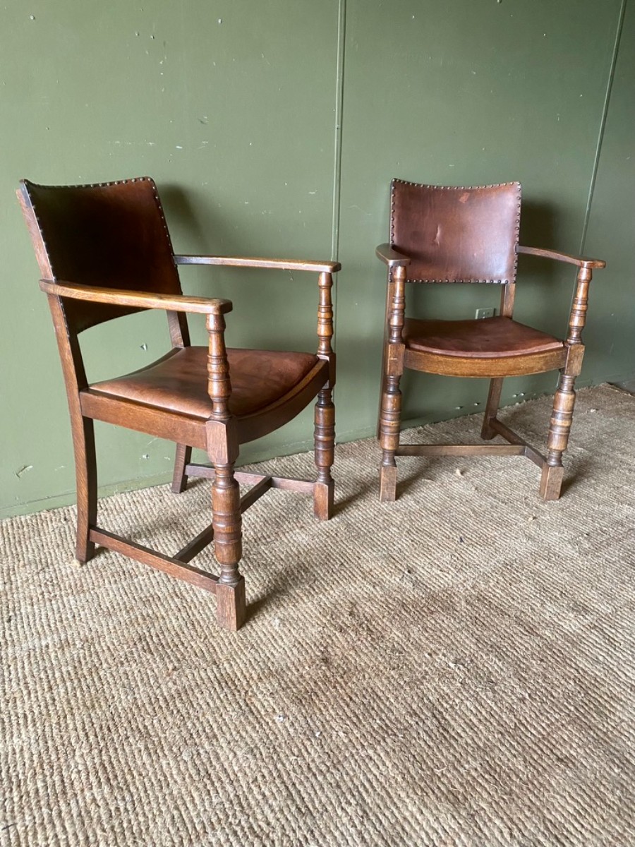 c.1910 Pair of Vintage Antique Leather and Oak Hall Elbow Chairs Desk Armchairs