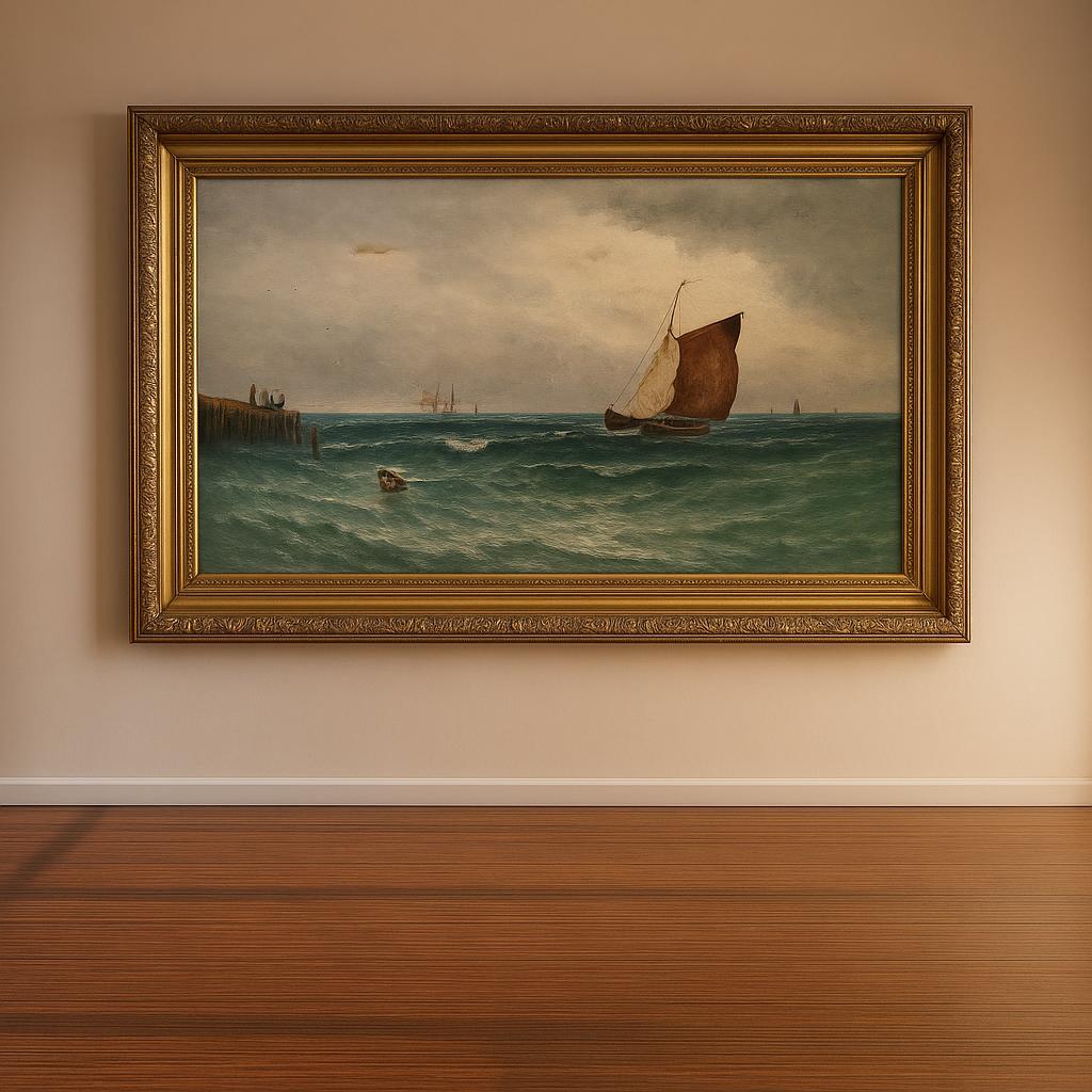 Discover our enchanting 19th century Seascape With Boats oil painting. Despite minor repairs, it retains its grandeur. Shop now to enrich your art collection.