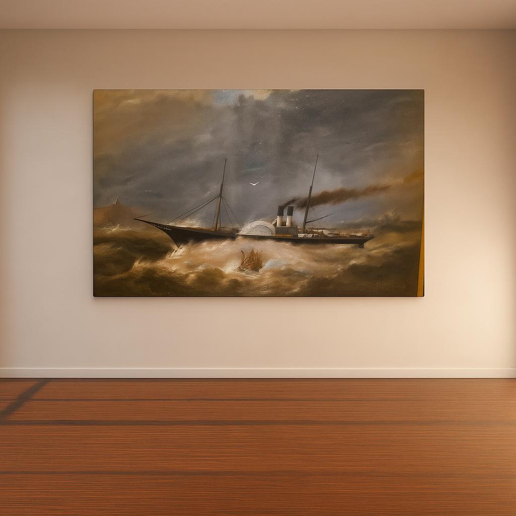 Discover Clement Drew's masterpiece of marine oil painting! Experience the drama of a paddle steamer in a swell. Authentic artwork, 52x75cm canvas. Shop now!