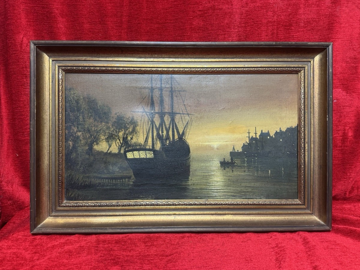 Moonlit Masted Galleon In Harbour Scene Oil Painting Signed Adams