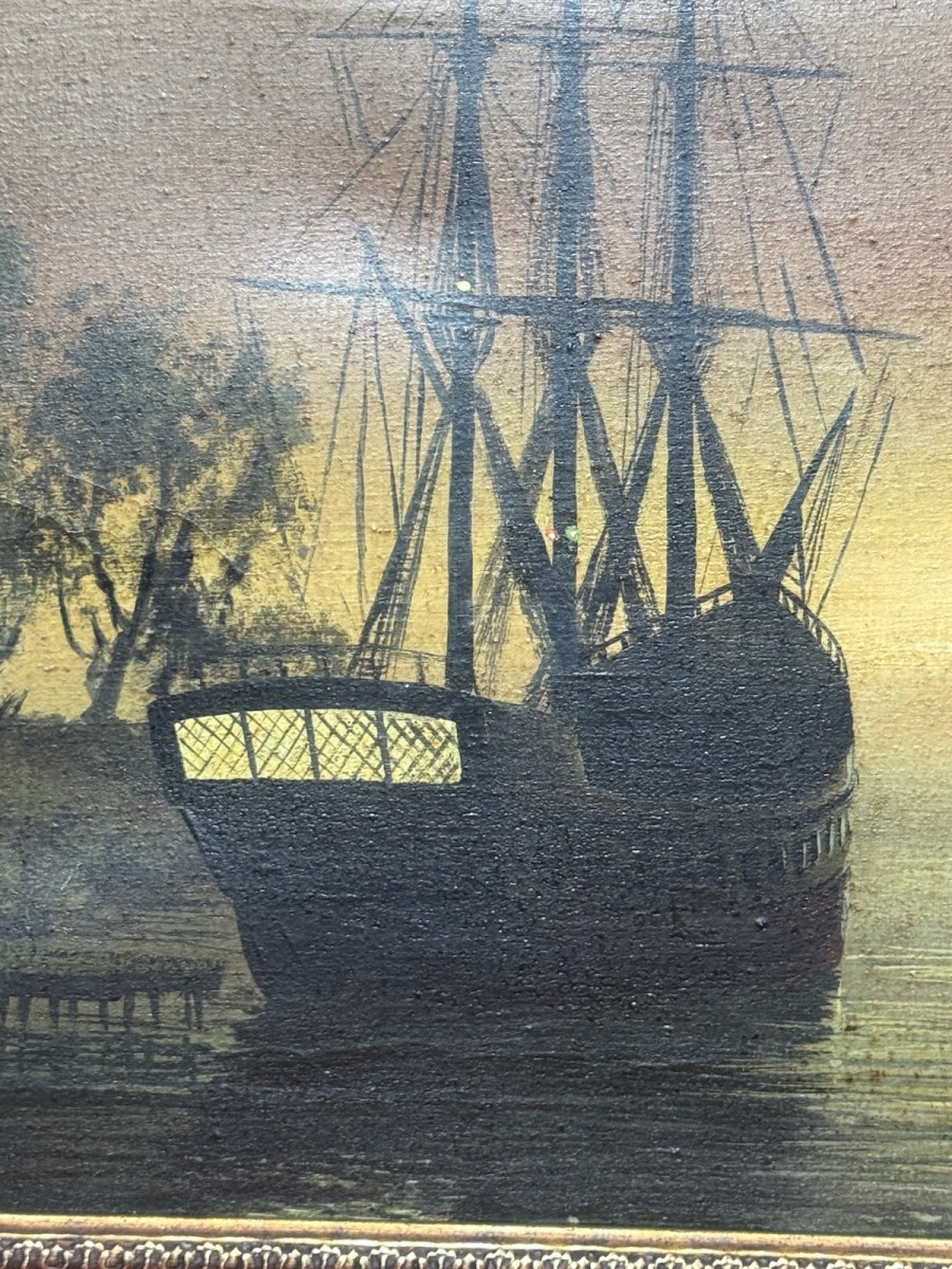 Moonlit Masted Galleon In Harbour Scene Oil Painting Signed Adams