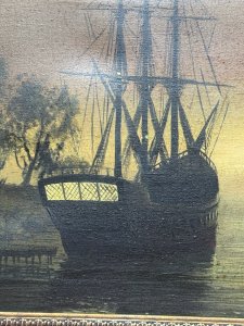 Moonlit Masted Galleon Ship In Harbour Scene Oil Painting Signed Framed. Circa - 192. Composition - Oil On Canvas. Listing Description. Richly Painted Moonlit Harbour Scene With Wooden Vessels And Townscape. Large Three Masted Galleon Takes Pride Of Place In Artwork Docked Next To Tree Line ,Figures Sail In Row Boat Towards Land Where You can See Lights From Houses In Distance. Stunning Detailed Oil Painting , Competent Use Of Light And Shadow by Accomplished Artist. Set In Gilt Wood Frame. Signed by Artist Adams. Dimensions In Cms. Height 38.5cm X Width 60cm. For Further Information Please Call The Museum Curator on 07707 488566 Thank-you.