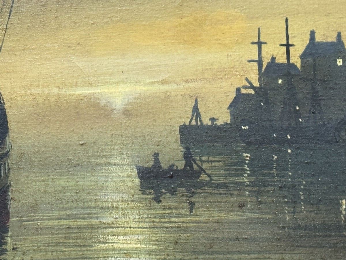 Moonlit Masted Galleon In Harbour Scene Oil Painting Signed Adams